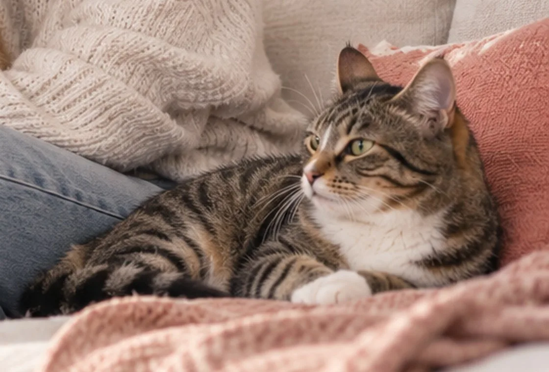 Tabby cat resting on a person’s lap on a sofa